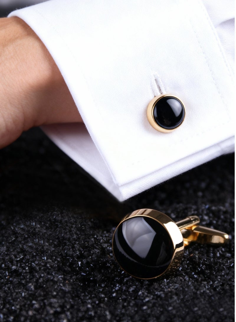 DB Innov. Cufflinks, Black Gemstone Goden Frame Round-Shape Cufflinks, 2 PCS for One Set Premium Copper Jewelry Specially Design for Men's Shirt Wedding Business Gift with Delicate Package Box. - Image 3